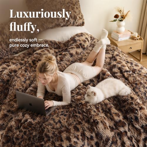 Smoofy Fluffy King Size Comforter Set Leopard Print Faux Fur Comforter 3Pcs