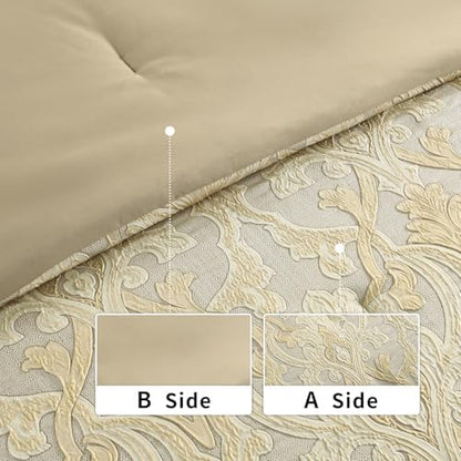 Bedduvit Luxury 7 Piece Bed in Bag, Vintage Damask Jacquard Thick King Comforter Set, Luxurious Genuine Patchwork Design All Season Bedding Set with Bed Skirt, Decor Pillows, Shams, Gold/Beige/Cream