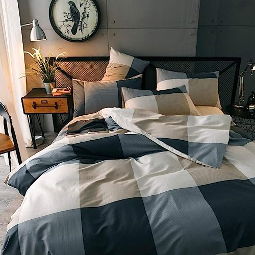 LifeTB California King Comforter Set Modern Style Plaid Checkered Pattern Comforter with 2 Pillow Shams Soft Microfiber Vintage Grid Plaid Bedding Set Lightweight Farmhouse Checked Comforter Set