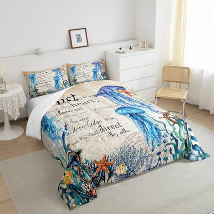 Homewish Jellyfish Comforter Set Queen Size,Nautical Anchor Lighthouse Bedding Set 3Pcs for Kids Girls Boys Teens Room Decor,Ocean Animals Quilt Set Vintage Bible Quotes Duvet Insert,2 Pillowcases