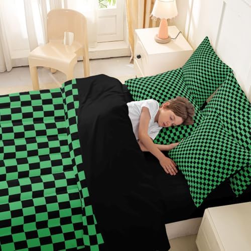 jejeloiu Green Black Plaid Comforter Set with Sheets 7 Piece King Size Checkered Classic Bed in a Bag Kids Boys Girls Grid Geometric Bedding Set Bedroom Decor Breathable Soft Lightweight Microfiber