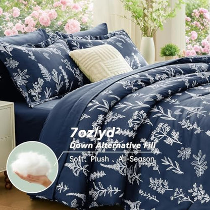 MUXHOMO Oversized King Comforter Set, Navy Blue Elegant Floral Print Bed in a Bag 7 Pieces, Soft & Breathable Reversible Botanical Pattern Bedding Set with Comforter, Sheets, Pillowcases, and Shams