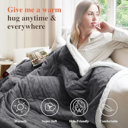 Heated Blanket Twin Size Electric Blanket - Heating Blanket Twin with 6 Heat Levels & 4 Hours Auto-Off, Cozy Soft Fleece Sherpa Blanket, Washable, Fast Heating, 62 x 84 Inches, Grey