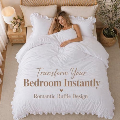 JANZAA White Comforter Set Oversized King, Ruffle Soft Bedding
