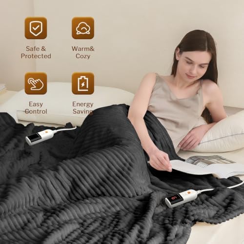 Reaks Heated Blanket Queen, 9 Heat Levels, 2-10H Auto-Off, 84"x90", Grey
