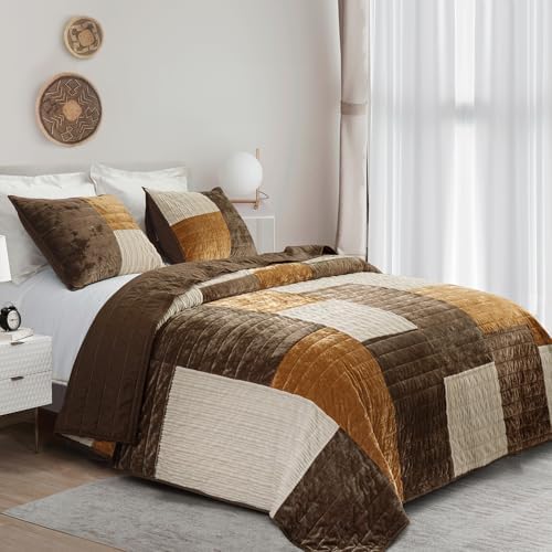 Wonderful 3-Piece Velvet Patchwork Quilt Set, Queen Striped Channel Stitch Brown Quilt,Pet-Friendly,Soft Lightweight Comforter Versatile as Quilt/Bedspread for Adults Teens Kids Bedroom,94"x94"