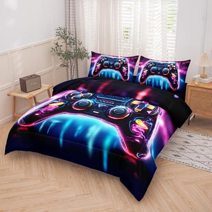 Gaming Comforter Set - Full 5PCS Bedding Set for Boys with Controller Design, Flat Sheet, Fitted Sheet, Pillowcase, Comforter