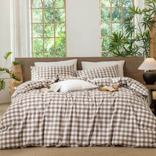 MooMee Gingham Duvet Cover Set 100% Washed Cotton Linen Like
