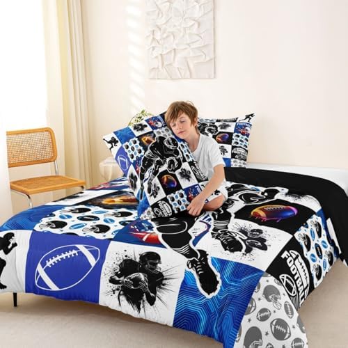 Erosebridal Sports Bedding Sets Full - Football Patchwork Comforter Set for Kids Adults Geometric Ball Pattern Duvet Insert Rugby Game Quilt