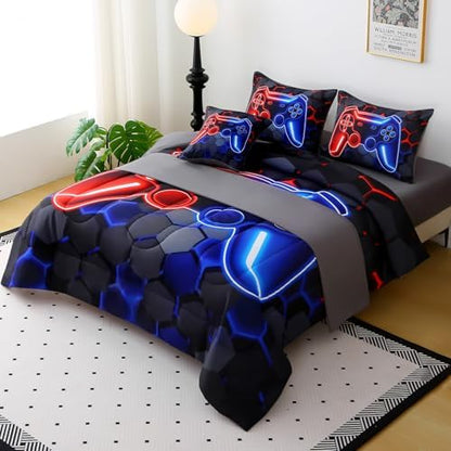 JQinHome Twin Gaming Bedding Set 6-Piece Comforter for Kids Teens - 3D Video Game Console Print Bed in a Bag with Ultra-Soft Fluffy Sheets, Red-Blue Unisex Design (Twin)