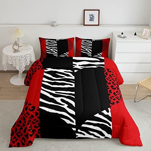 Leopard Zebra Comforter Set Twin,Wild Animals Skin Bedding Set 2pcs for Teens Adults Room Decor,Red Black Geometric Striped Heart Down Comforter Romantic Microfiber Duvet Insert with 1 Pillowcase