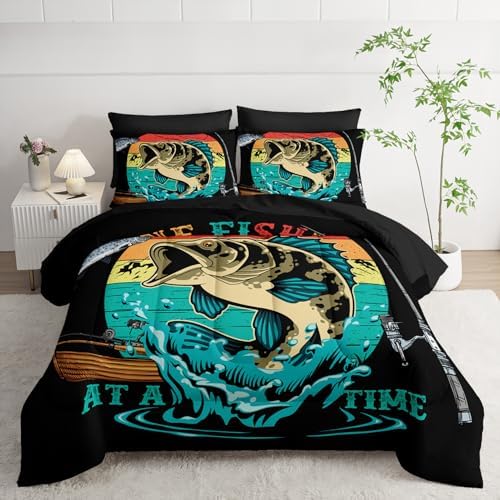 Nttopship Big Pike Fish Comforter Set Full Size 7 PCS,Bass Fishing Comforter Set for Boys Girls Children Fishing and Hunting Room Decor,Microfiber Lightweight All Season