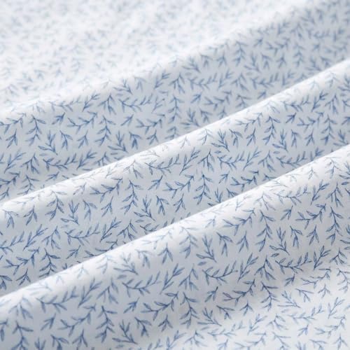 Martha Stewart - Full Sheet Set with Fitted Sheet & Pillowcases, Cotton Percale Bedding with a Smooth Feel, Deep Pocket, Leaves Blue