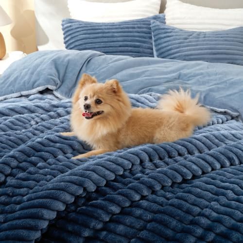 BEDELITE Fleece Queen Comforter Set, Fluffy Bed Set, Blue Ombre