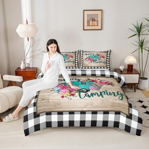 Manfei RV Happy Travelling Comforter Set Full,Camper Adventure Car Bedding Set 3pcs for Kids Teens Adults Trailer Decor,Wooden Plaid Vintage Quilt Set,Farmhouse Duvet Insert with 2 Pillowcases