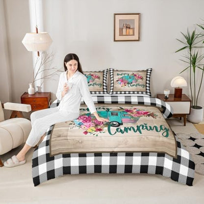 Manfei RV Happy Travelling Comforter Set King,Camper Adventure Car Bedding Set 3pcs for Kids Teens Adults Trailer Decor,Wooden Plaid Vintage Quilt Set,Farmhouse Duvet Insert with 2 Pillowcases