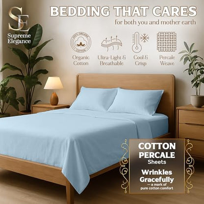 SUPREME ELEGANCE 100% Organic Cotton King Size Sheets Set, Sky Blue