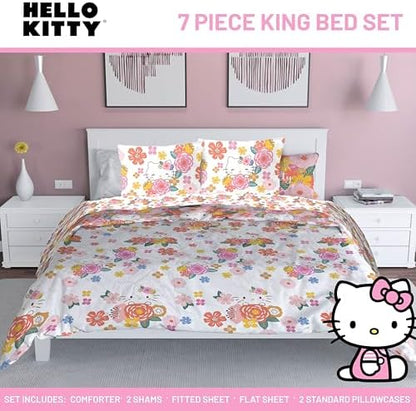 Sanrio Hello Kitty King Comforter Set 7 Piece Floral Bedding, Multi