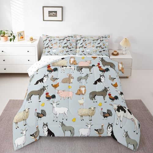 Feelyou Light Blue Farm Animal Comforter Set Toddler Size Cute Animal Bedding Set for Kids Boys Girls Farm Theme Duvet Quilt Cartoon Bedroom Decor 2 Pcs with 1 Pillow Cases
