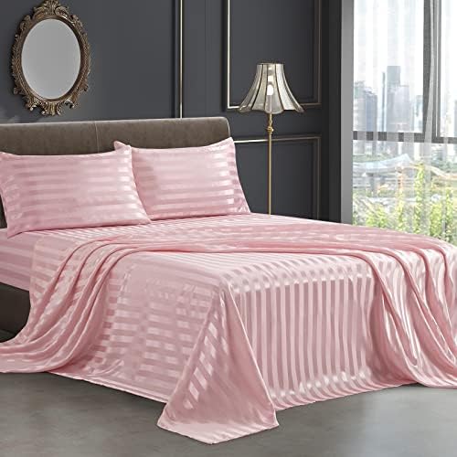 SiinvdaBZX 3Pcs Satin Striped Sheet Twin Size Set Italian Style Blush Pink