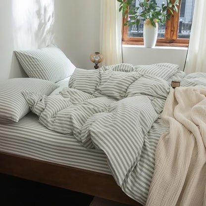 FOSSA Striped Duvet Cover Set 100% Washed Cotton Linen Feel Twin