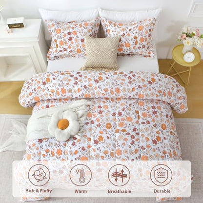 Mooreeke Floral King Size Comforter Sets, Orange and Red Vintage Floral Patterned Bedding for All Seasons, 3-Piece Vintage Bed in a Bag with Fluffy Quilted Reversible Comforter & 2 Pillow Shams