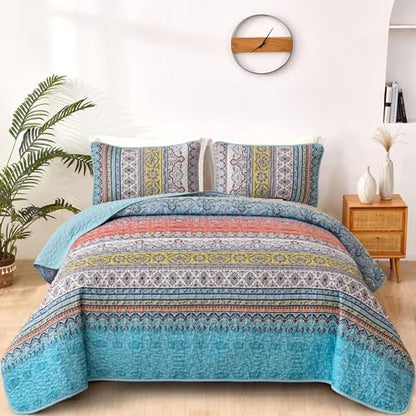 WONGS BEDDING Boho King Size Quilt, 3 Pieces Soft Bedspread, Pink Blue