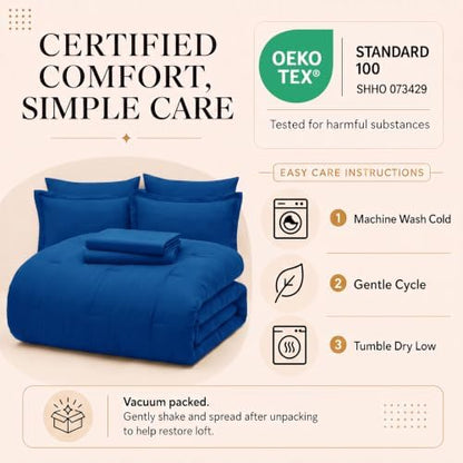 CozyLux King Size Comforter Set Classic Blue, 7 Pieces Bed in a Bag