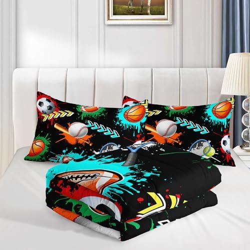 Kids Sports Balls Bedding King Comforter Set for Boys,Black Football Basketball Baseball Print Comforter Set for Kids Bedroom Decorate,Sports Themed Bedding Comforter Set with 2 Pillowcases.