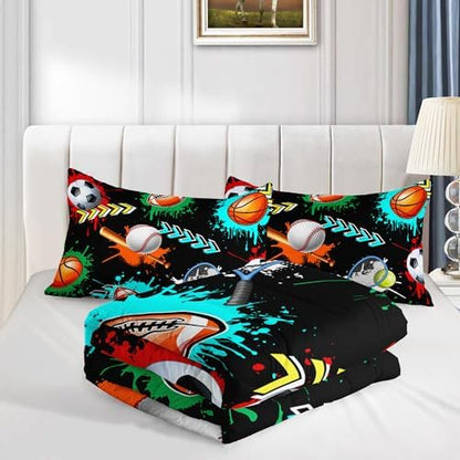 Kids Sports Balls Bedding Twin Comforter Set for Boys,Black Football Basketball Baseball Print Comforter Set for Kids Bedroom Decorate,Sports Themed Bedding Comforter Set with 2 Pillowcases.