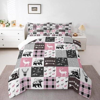 Homewish Bear Silhouette Full Size Comforter Set,Pink Gray Grid Bedding Set for Adults Teens,Children Stars Arrow Comforter Luxury Rustic Farmhouse Quilt Set Room Decor 3Pcs