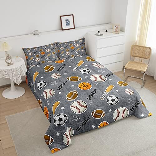 Boys Ball Sports Themed Comforter Set Full Size Baseball Bat Soccer and American Football Bedding Set 3pcs Kids Teens Cartoon Grey Quilt Set Ball Sports Games Duvet Insert Modern Bedroom Decor