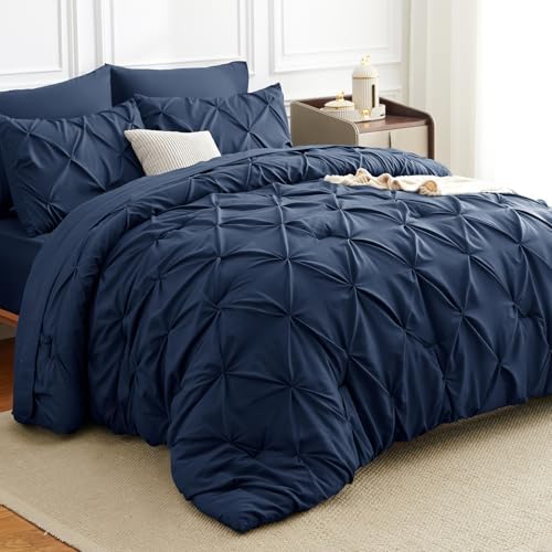 HIMEET Queen Comforter Set Navy Blue - 7 Pieces Pintuck Bed in a Bag