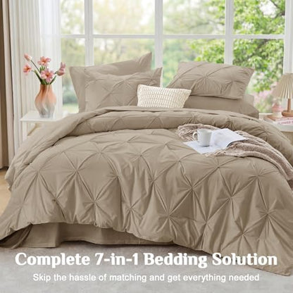 JOLLYVOGUE California King Comforter Set 7 Pieces - Bed in a Bag Cal King for All Season, Pintuck Bedding Comforter Sets with Comforter, Flat Sheet, Fitted Sheet and Pillowcases & Shams, Dark Linen
