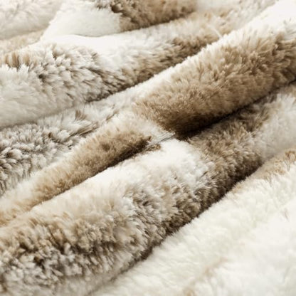 Wonderful Fluffy Faux Rabbit Fur Comforter Set King Size, Striped Stitching Tie-Dye Khaki Plush Fuzzy Bedding Set 3 Pieces, Warm Soft Comforter Bedding Set for Winter, 104"x90"