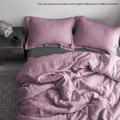 Simple&Opulence 100% French Flax Linen Duvet Cover Set with Embroidery Washed - 3 Pieces (1 Duvet Cover with 2 Pillow Shams) with Button Closure Soft Breathable Farmhouse - Purple, King Size