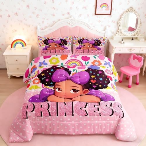 Black Pink Girl Comforter Set King Size,Princess Girls Pink Diamond Glitter Bedding Set 3Pcs,Cute African Theme Americans Quilt Set Women Teens Cartoon Colorful Flower Duvet Insert,2 Pillowcases