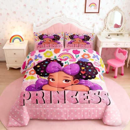 Black Pink Girl Comforter Set King Size,Princess Girls Pink Diamond Glitter Bedding Set 3Pcs,Cute African Theme Americans Quilt Set Women Teens Cartoon Colorful Flower Duvet Insert,2 Pillowcases