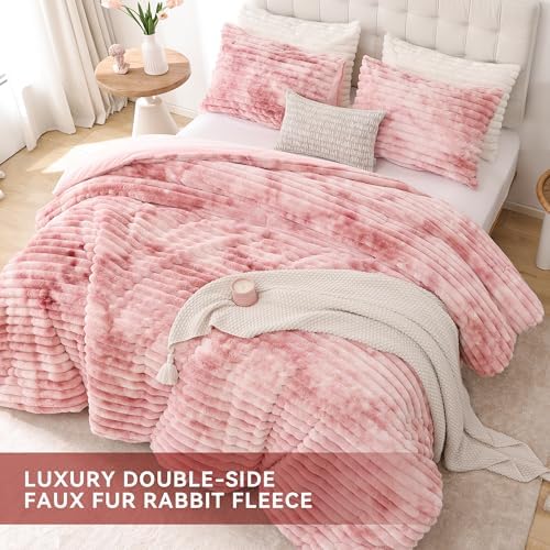 Smoofy Fluffy Queen Size Comforter 3 PCS - Tie Dye Pink Fleece Bedding Set