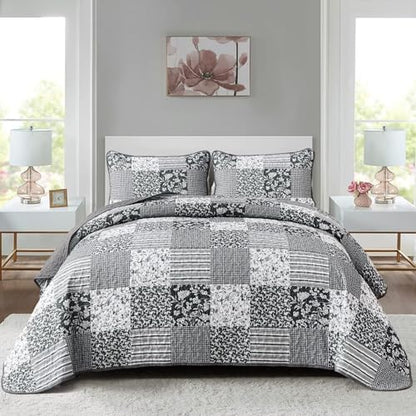 Mybedsoul Black Grey Boho Quilt Set Full Size, Patchwork Quilt Bedding Set