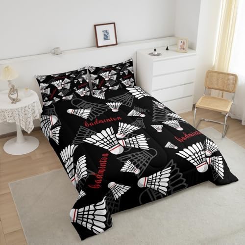 Castle Fairy Badminton King Size Comforter Set,Kids Badminton Sports Decor All Season Bedding Set,Teens Ball Games Comforter,Black White Red Decor Quilt Set Bedroom Collection 3Pcs