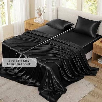SiinvdaBZX 5-Piece Black Satin Sheets Split King Size Set