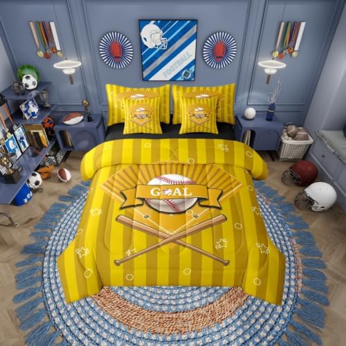 Erosebridal Sports Baseball Theme Yellow Gaming Pattern 7 Piece Bedding Set Twin | Boys Kids Ball Games Boys Comforter Set with Sheets Playground Bed in A Bag Stripes Geometric Bed Sets