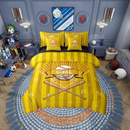 Erosebridal Sports Baseball Theme Yellow Gaming Pattern 7 Piece Bedding Set Twin | Boys Kids Ball Games Boys Comforter Set with Sheets Playground Bed in A Bag Stripes Geometric Bed Sets