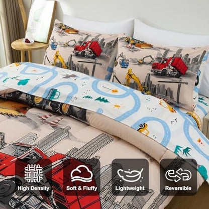 Holawakaka Boy Truck Excavator Twin Comforter Set with Sheets 5 Pieces
