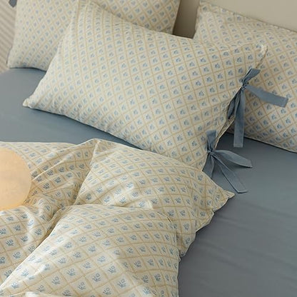 LifeTB Botanical Flower Comforter Set King Size Chic Blue Floral Bedding Comforter Vintage Style King Bed Comforter with 2 Bow Tie Pillowcases Boho Farmhouse Bedding Floral Aesthetic Comforter Set
