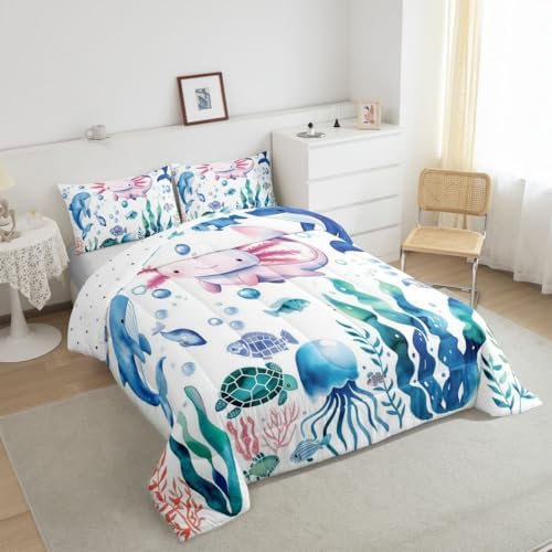 Feelyou Axolotl Bedding Set, King Size, Cute Axolotl Gifts for Girls Boys Kids Women Adults Bedding Set, Ultra Soft Axolotl Cuttlefish Pattern Comforter, Kawaii Ocean Sealife,Duvet Quilt, Quilt