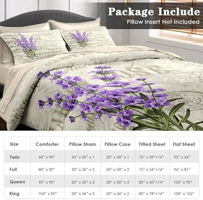 Pamnest Queen Comforter Set with Sheets, 7 Pieces Lavender Flower Bedding