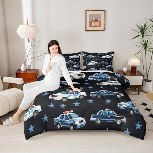 Erosebridal Police Car Queen Comforter Set for Boys, Cartoon Car Bedding Set for Kids Teens Youth Men Bedroom, Policeman Vehicle Comforter, Star Black Quilt with 2 Pillowcases, 3 Pcs, Microfiber