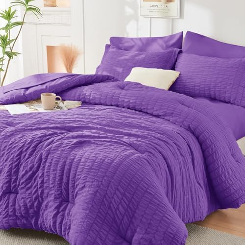 HYMOKEGE Bright Purple King Size Comforter Set Seersucker 7 Pieces, All Season Luxury Bed in a Bag for Bedroom, Bedding Set with Comforter, Sheets, Pillowcases & Shams